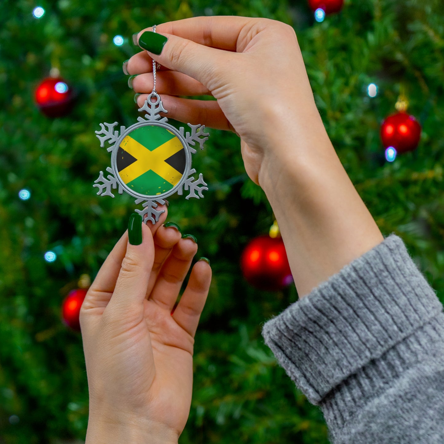 Jamaican Flag Snowflake Ornament - Festive Pewter Holiday Decor